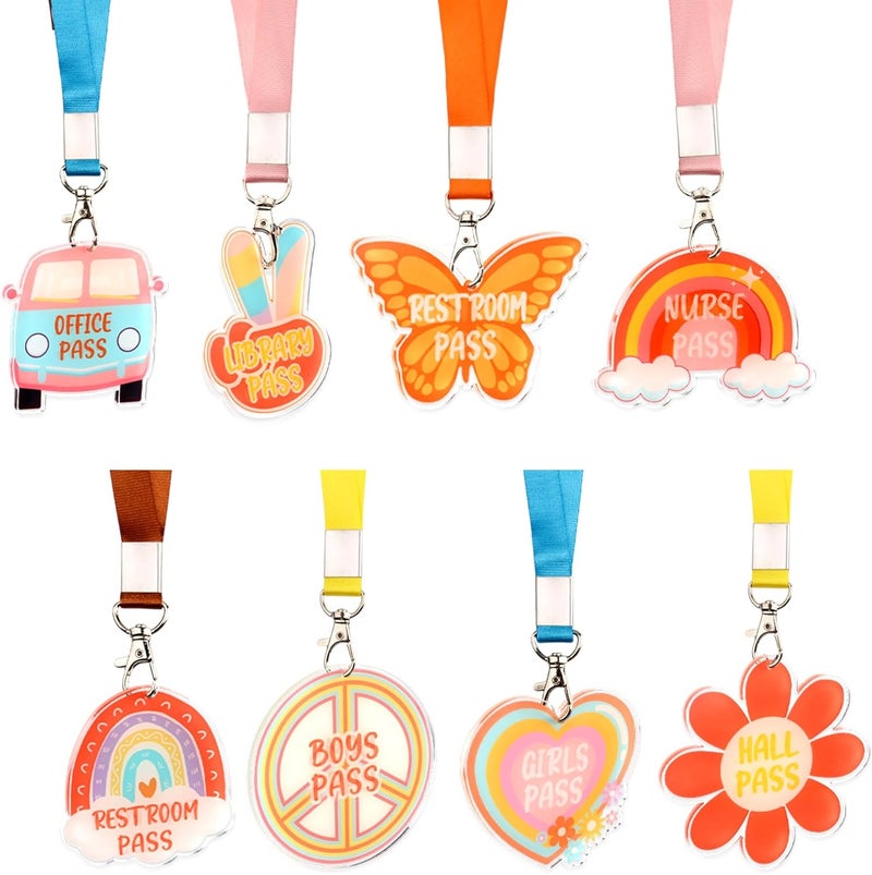 CORNER LACE 8Packs Groovy Acrylic Hall Pass Lanyards Set, Unbreakable School Passes & Soft Lanyards Set, Elementary Middle School/Teacher Supplies for Classrooms Hall Library Restroom Nurse Office - Image 1